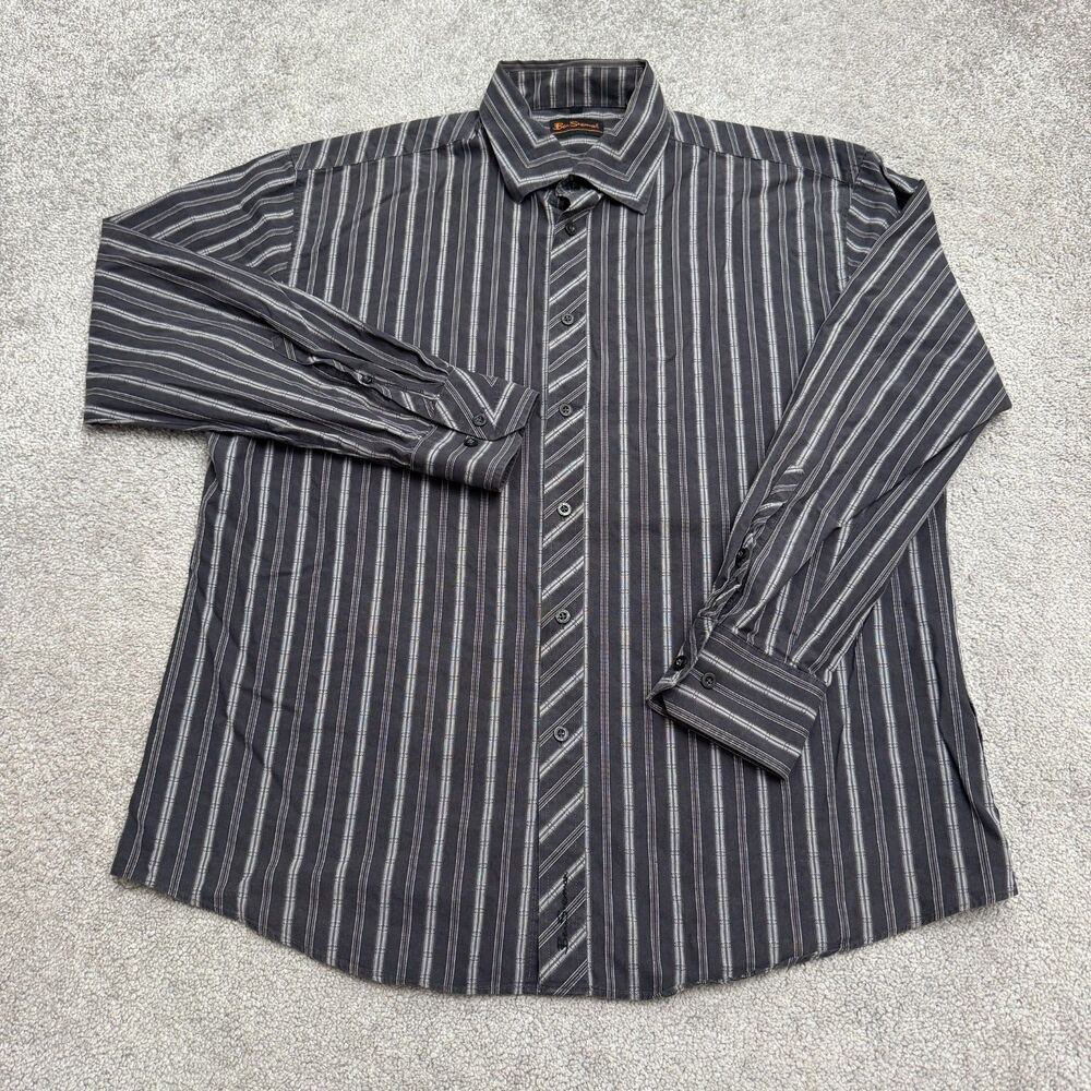 Vintage 90s Ben Sherman Button Up Shirt Mens XL Striped Long Sleeve Gray Mod Top
